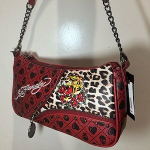 NWT Ed Hardy Red Heart & Leopard Tiger Shoulder Bag